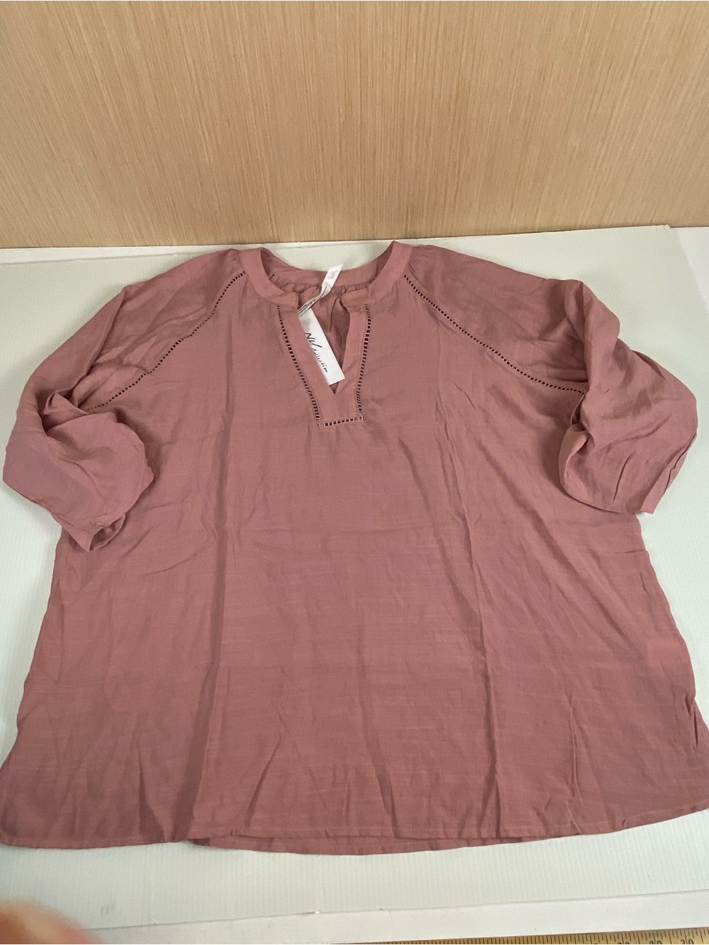 NY Collection 1X Dusty Rose Ladder Trim 3/4 Sleeve Blouse NWT